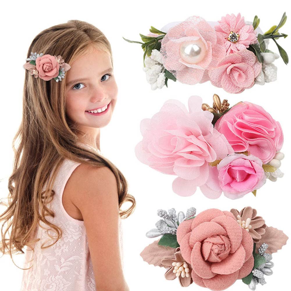 3 Pieces Artificial head flower hair clips floral Barrettes Hair Bow Accessories for Baby Girl Toddles Teens fabric flower hairclip,one size