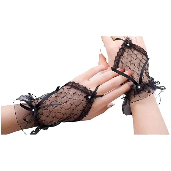 Guantes De Encaje Con Plumas, 1 Par Vintage Negro, Ajustables Con Lazos, Para Cosplay, Fiestas Y Carnaval