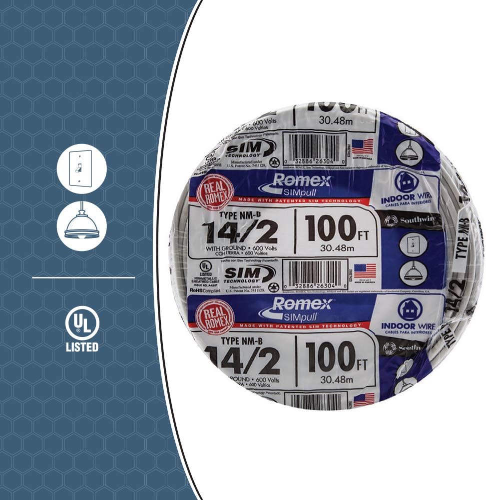 Southwire 28827423 100' 14/2 with ground Romex brand SIMpull residential indoor electrical wire type NM-B, White - Electrical Wires - 