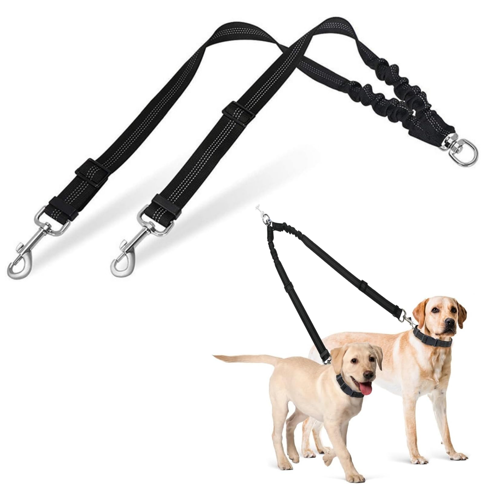 Rayibuir Double Dog Lead Splitter, Dual Adjustable Shock Absorbing Bungee 360° Tangle Free Heavy Duty Reflective Double Leash Coupler for Walking 2 Dogs, Black