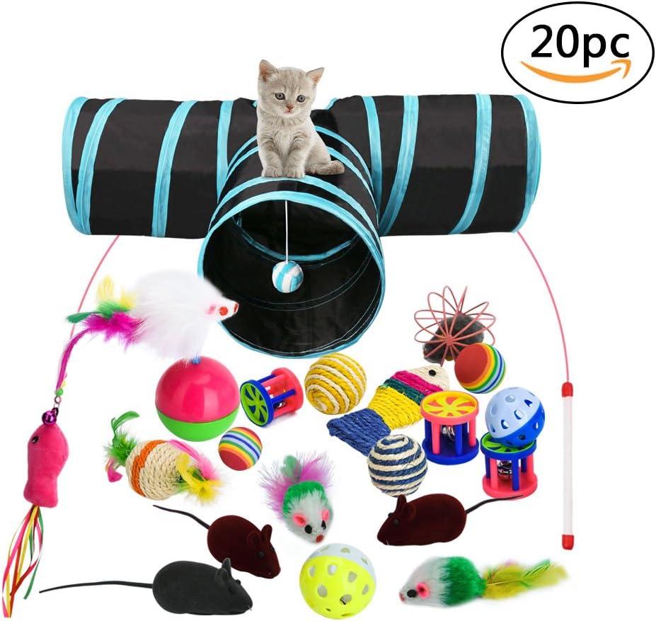 Cat Toys with 3 Way Cat Tunnel,20pcs Kitten Toys Variety Pack Including