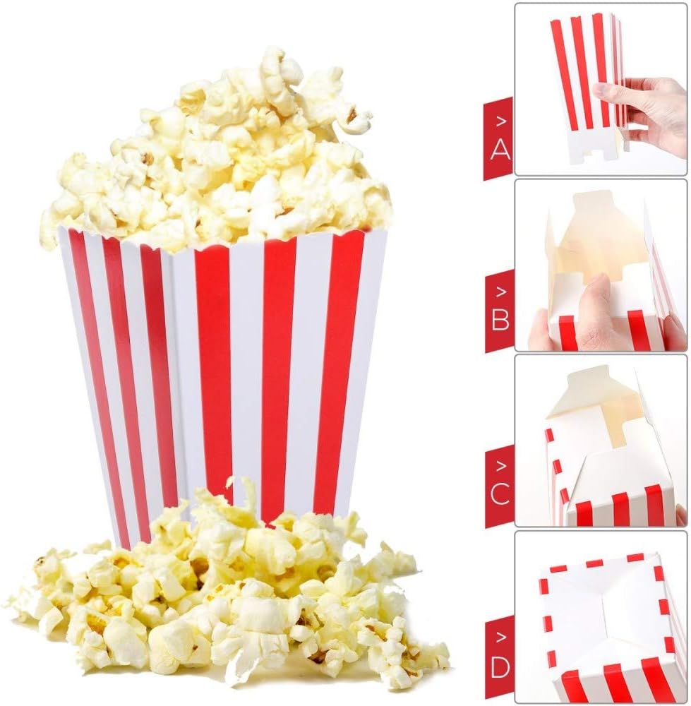 Red Striped Popcorn Boxes - Carnival Parties Mini Paper Popcorn and Candy Containers, Party Supplies for Movie Nights (Pack 24): Health & Personal Care