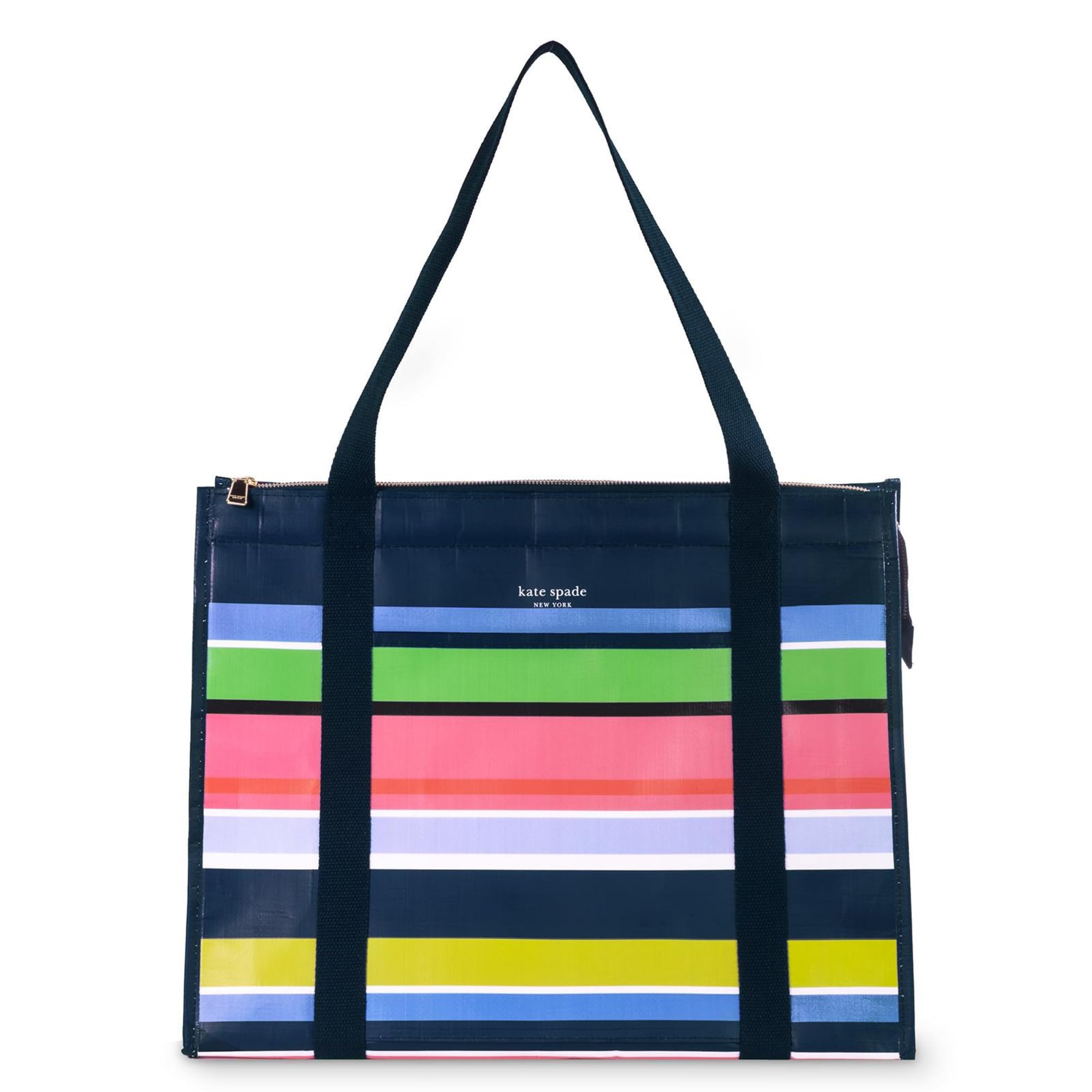 kate spade new york Reusable Shopping Bag, Insulated Grocery Tote with Shoulder Straps, Large Collapsible Tote Cooler, Sunny Day Stripe, Sunny Day Stripe, L