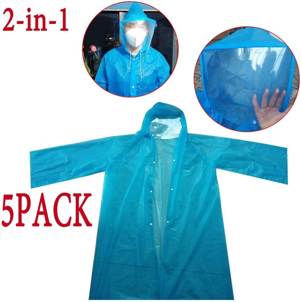 Dedeka Disposable Rain Poncho with Protective Hat, Disposable Rain Poncho,Blue,Knit Cuff Non Woven, Fluid Resistant,one size fits all(5 Packs, Blue)