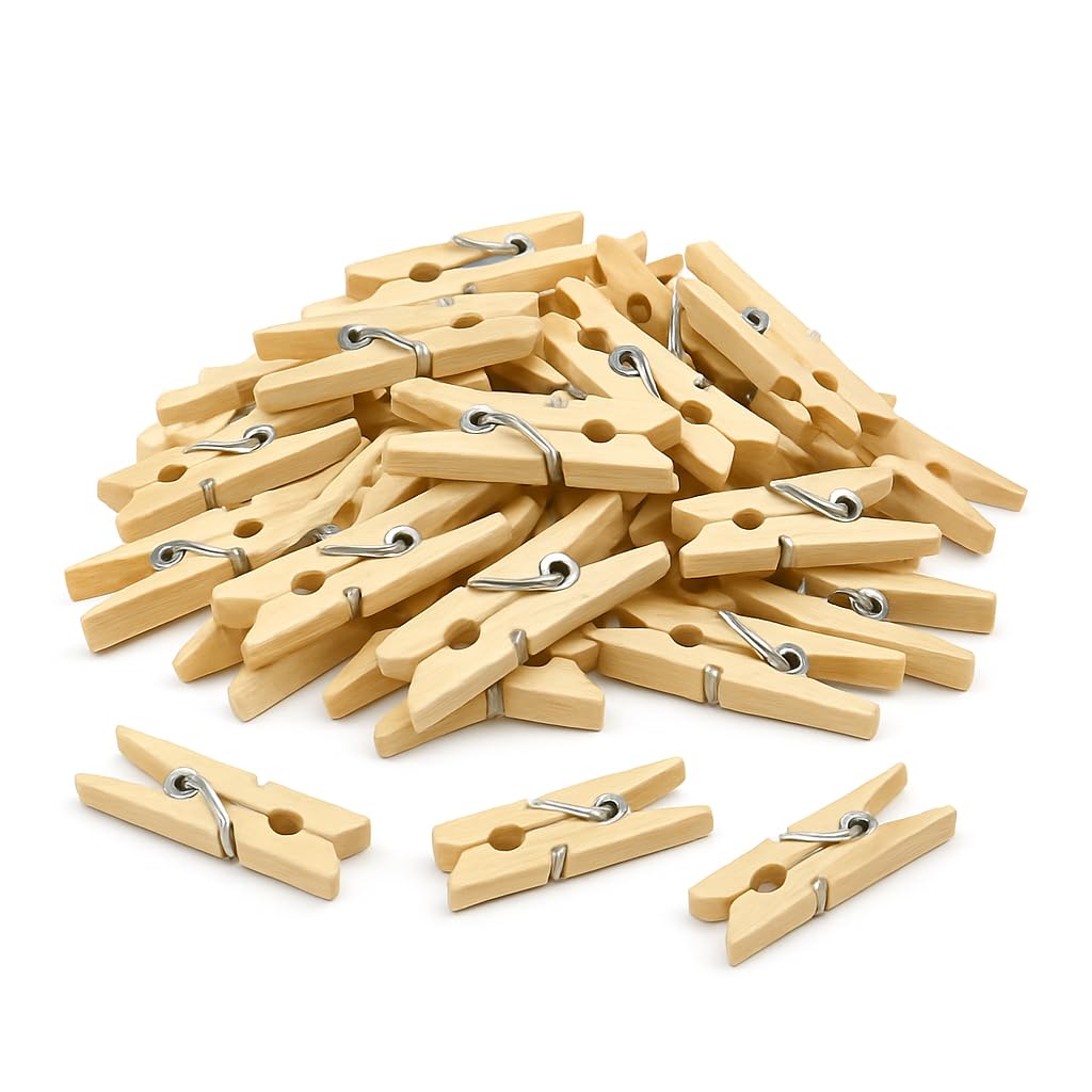 Mini Pegs for Photos – 100 Small Wooden Pegs for Crafts, 25mm | Tiny Little Natural Clips for Cards, Garlands, Weddings, Hanging & Classroom Displays