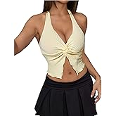 winkbay Women's Summer Twist Front Halter Top Y2k Tie Backless Deep V Neck Split Cute Going Out Tops