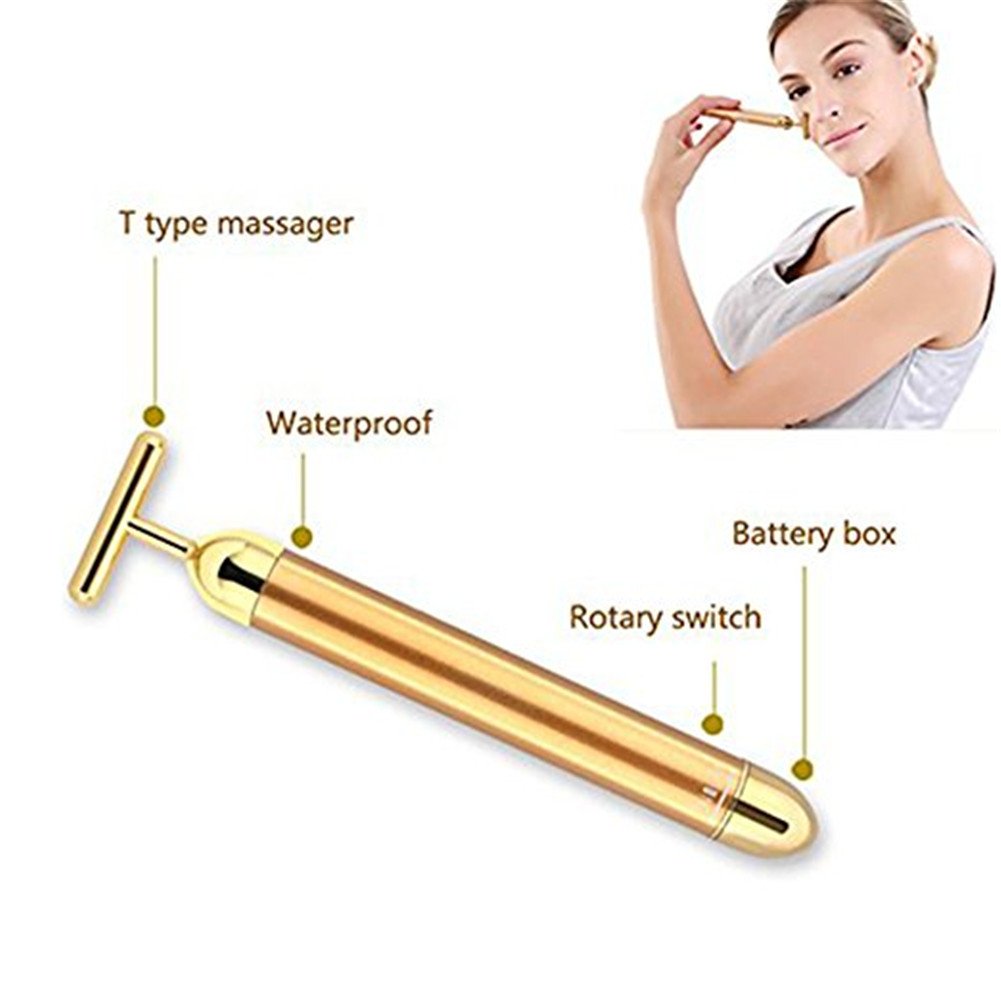 Zinnor Beauty Bar 24K Golden Pulse Waterproof T Shape Facial Roller Skin Care Beauty Massager Anti-Aging Face Massage Tools for Sensitive Skin Face Pull Tight Firming Lift (T Shape Facial Roller)