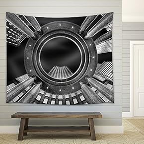 Fine Art, Black and White, Abstract, Upward Perspective of New York Skyscrapers - Fabric Wall Tapestry Home Decor - 51x60 inches