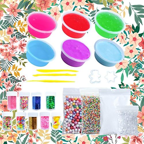 HSETIY Super Slime Kit--6 styles slime,4 colors clear slime,2 colors Fluffy slime,with 3 pack colorful Foam Balls,9 bottles slime accessories shake jar for DIY slime