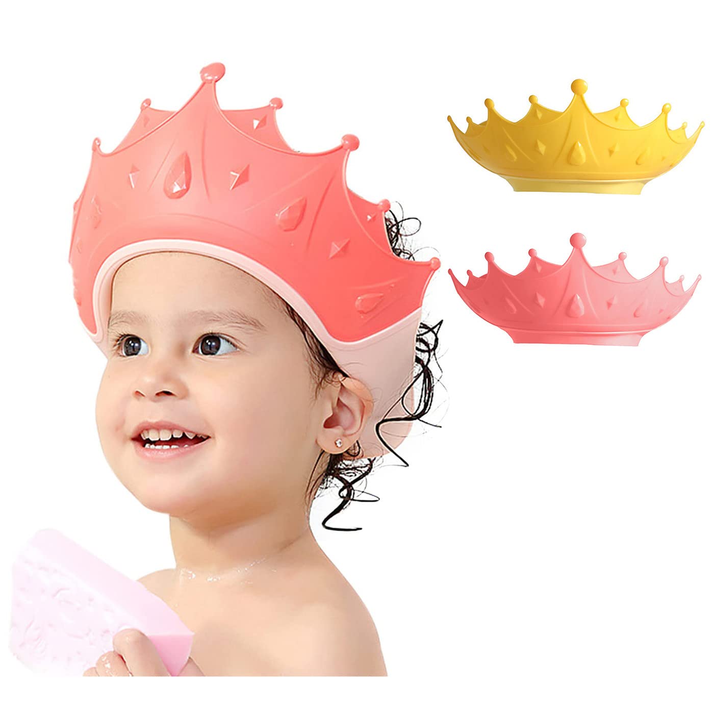 Photo 1 of FUNUPUP Kids Shower Cap, 2 Pack Adjustable Toddler Hair Washing Bathing Cap Shield Visor Shampoo Cap Protect Baby Eyes (Crown, Pink and Yellow)
