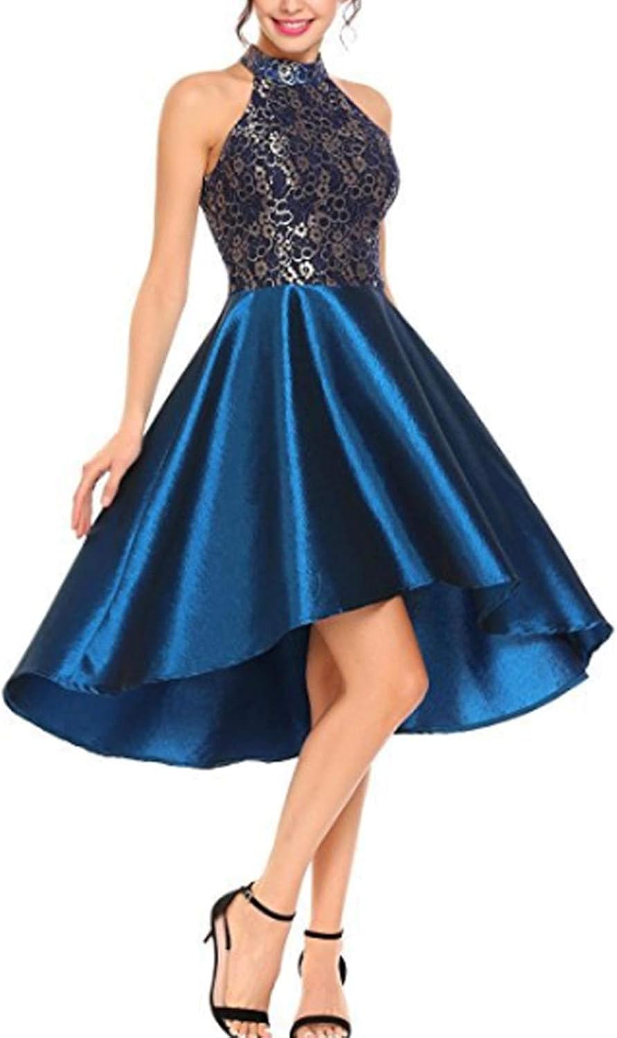 blue halter cocktail dress