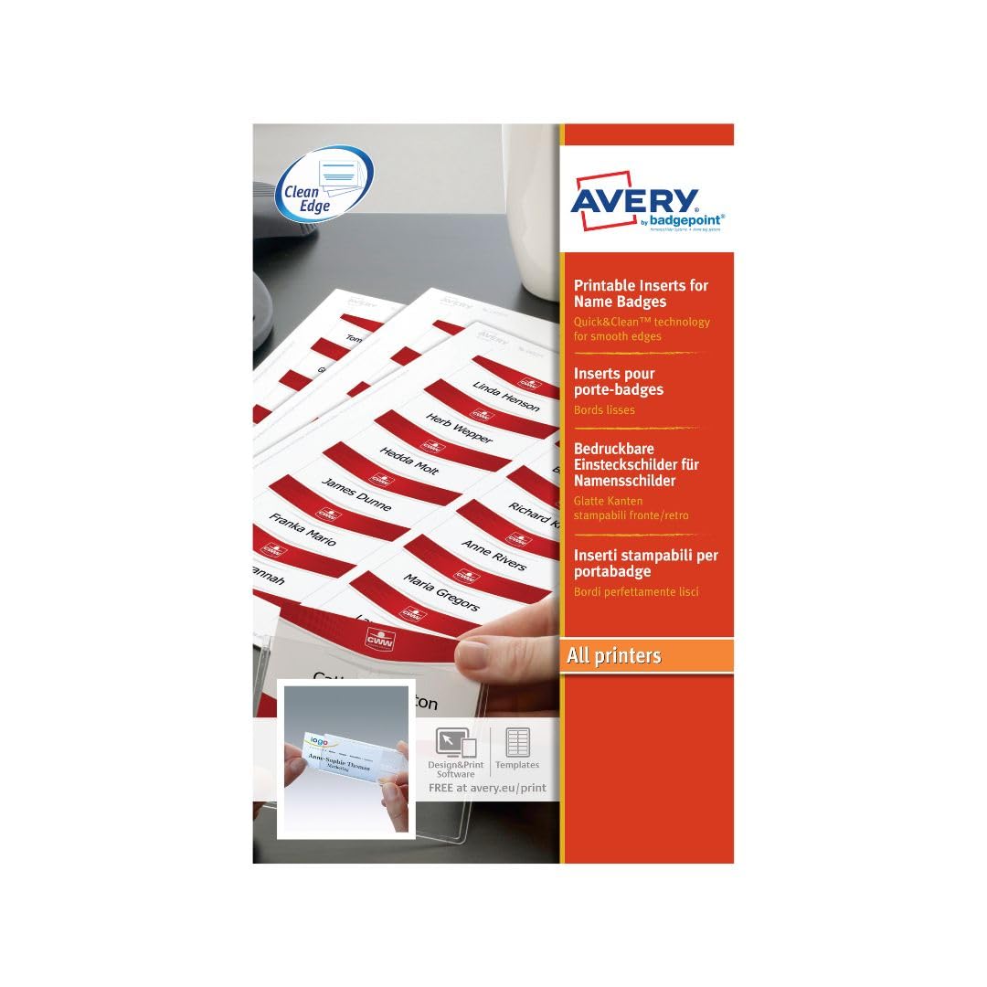 Avery 8554 Printable Badge Inserts – 100 Inserts (85 × 54 mm) on 10 A4 Sheets | Quick & Clean™ Name Badge Refills for Badgepoint Vista 4837G‑L / 4838G‑L – Inkjet & Laser Compatible