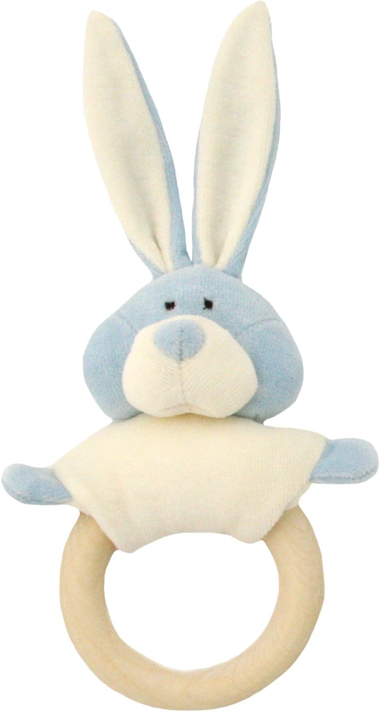 Wooly Organic Soft Bunny Rattle with Wooden Ring Teether + 3months (Blue)