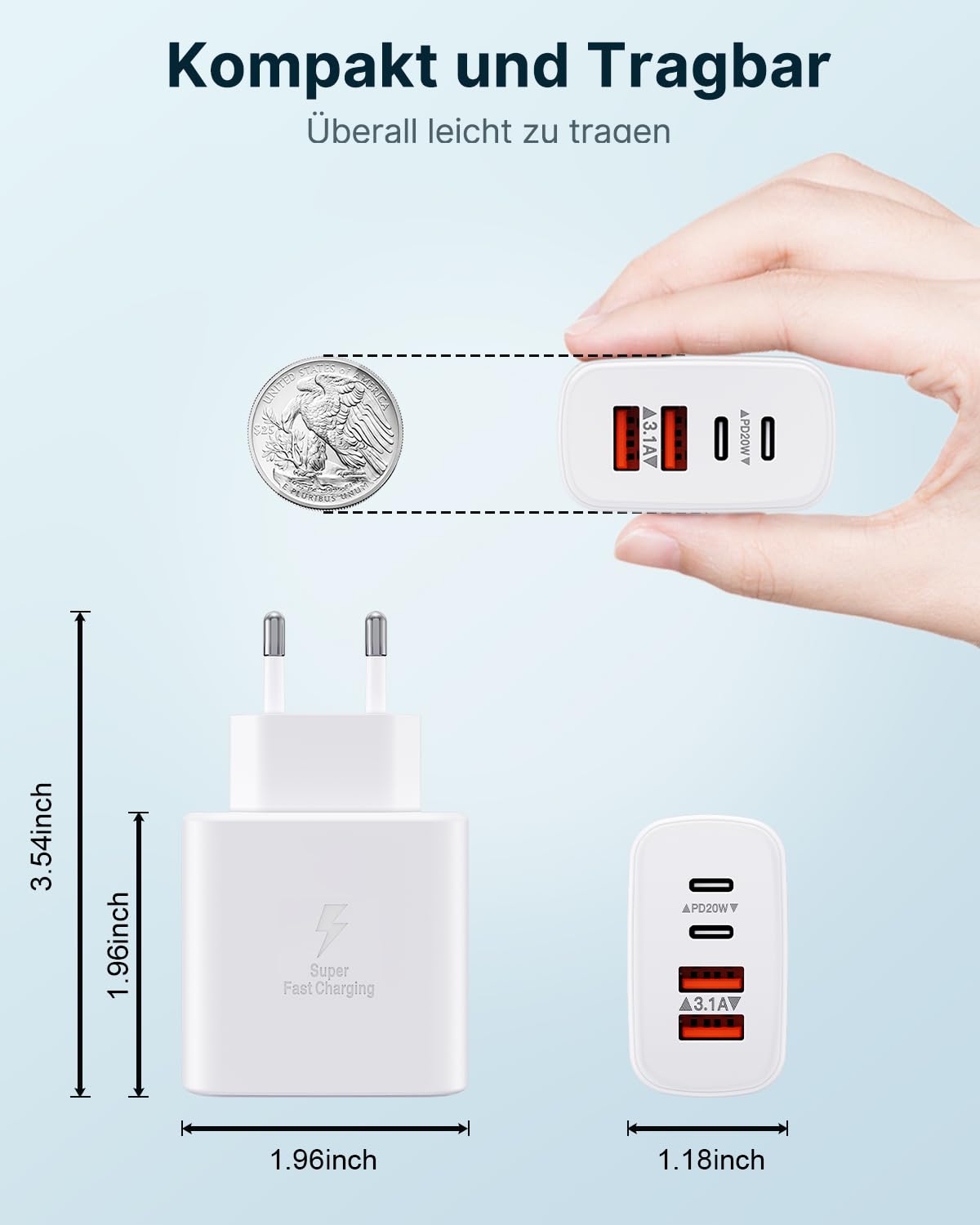 USB C Stecker, 40W 4-Port Netzteil USB C Ladegerät Mehrfach mit PD + QC, Adapter USB-C Fast Charger Ladestecker USB Schnellladegerät für iPhone 17 16 15 14 13 12 11 Pro Max, iPad, Samsung 7