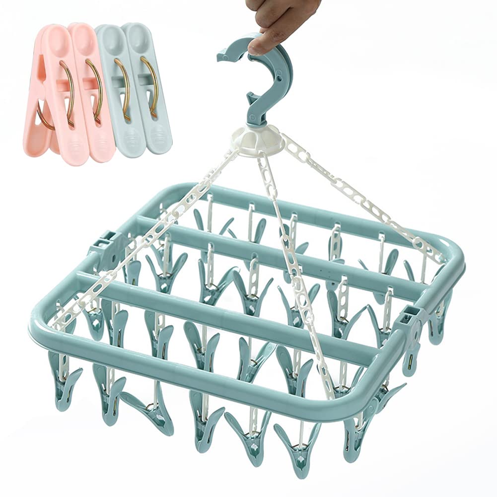 Folding Sock Dryer with 32 Clothes Pegs Drying Hanger with Clips Sock Peg Hanger for Washing Line, Laundry Drip Sock Airer Hanging & 4 Beach Towel Quilt Clips for Socks,Underwear,Bras,Baby Clothes Peg