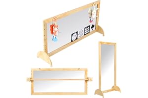 HugMemories 3-in-1 Montessori Non-Shatter Mirror with Wooden Pull Up Bar – Safe Infant Coordination Mirror, Kids Classroom Furniture for Daycare, Homeschool or Preschool (Dolls not Include)