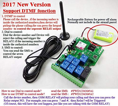 New version Seven Relay GSM controller Optional Battery for power supply failure alarm App support Switch on/off or momentary working Support DTMF to control each seperate relay output