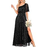 YHHOWEP One Shoulder Formal Dresses for Women Long Sparkly A Line Split Evening Gowns Wedding Guest Dress