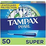 Tampax Pearl Tampons Super Absorbency, With Leakguard Braid, Unscented, 50 Count