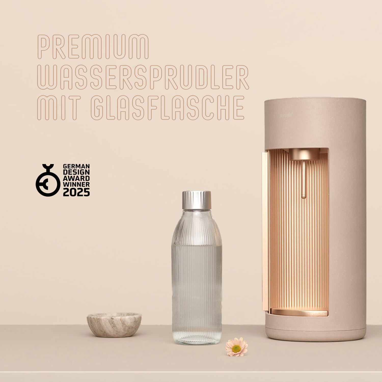 Mysoda: Glassy Wassersprudler aus Holzkomposit mit CO2-Zylinder und 1L Glasflasche & BPA-Frei 1L Plastikflasche - Latte 2