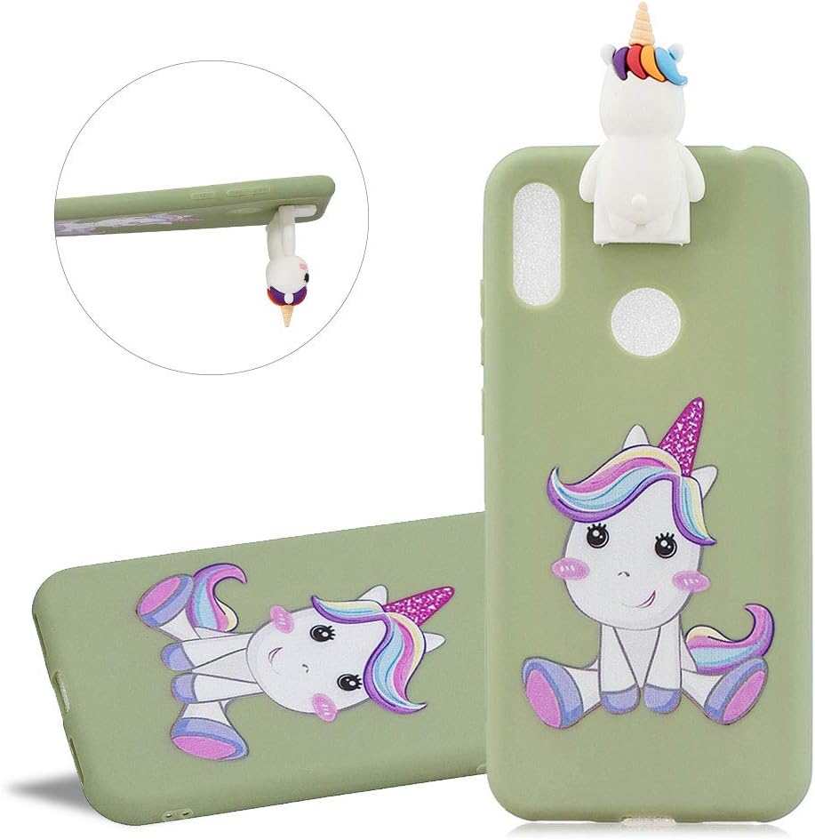 YiCTe 3D Cartoon Bracket Matte Plain Color TPU Case for Huawei Y6 2019,Cute Animal Character Stand,Adjustable Support,Soft Silicone Back Cover,Cute Unicorn,Light Cyan