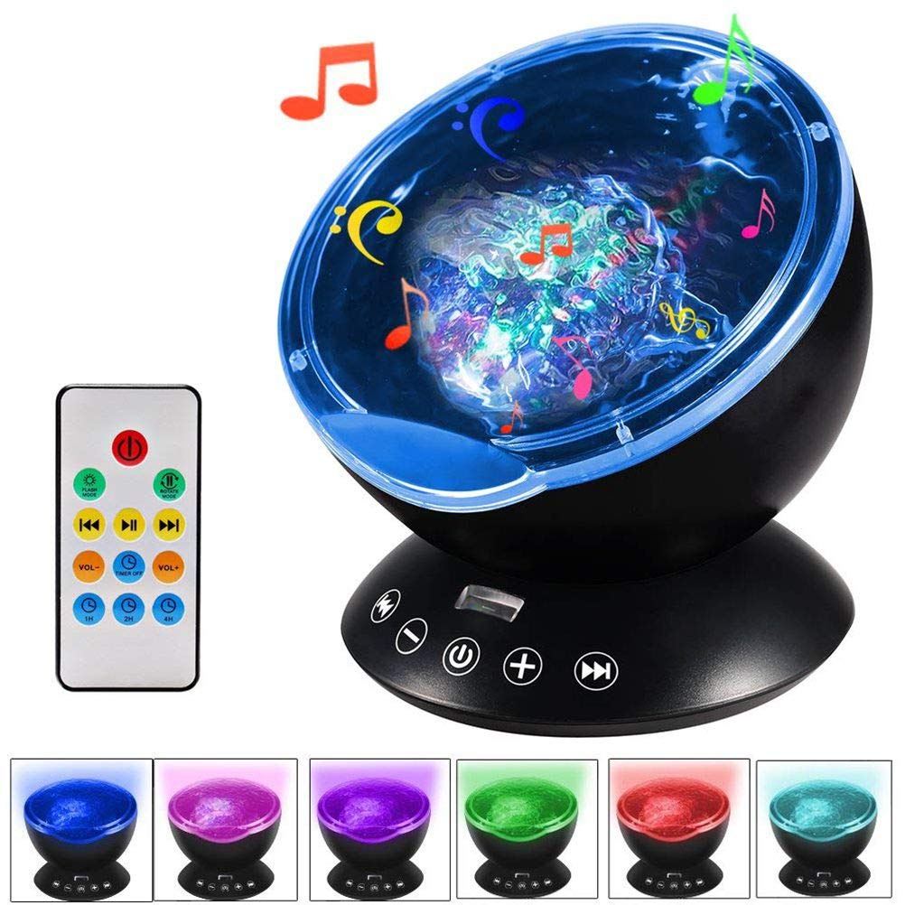 Kingcenton [Newest 3rd Gen Remote Control Ocean Wave Projector 12 LEDs & Multicolor Changing Modes Night Light Lamp, Built-in Mini Music Player for Baby Kids Adults Living Room, Bedroom or Nursery