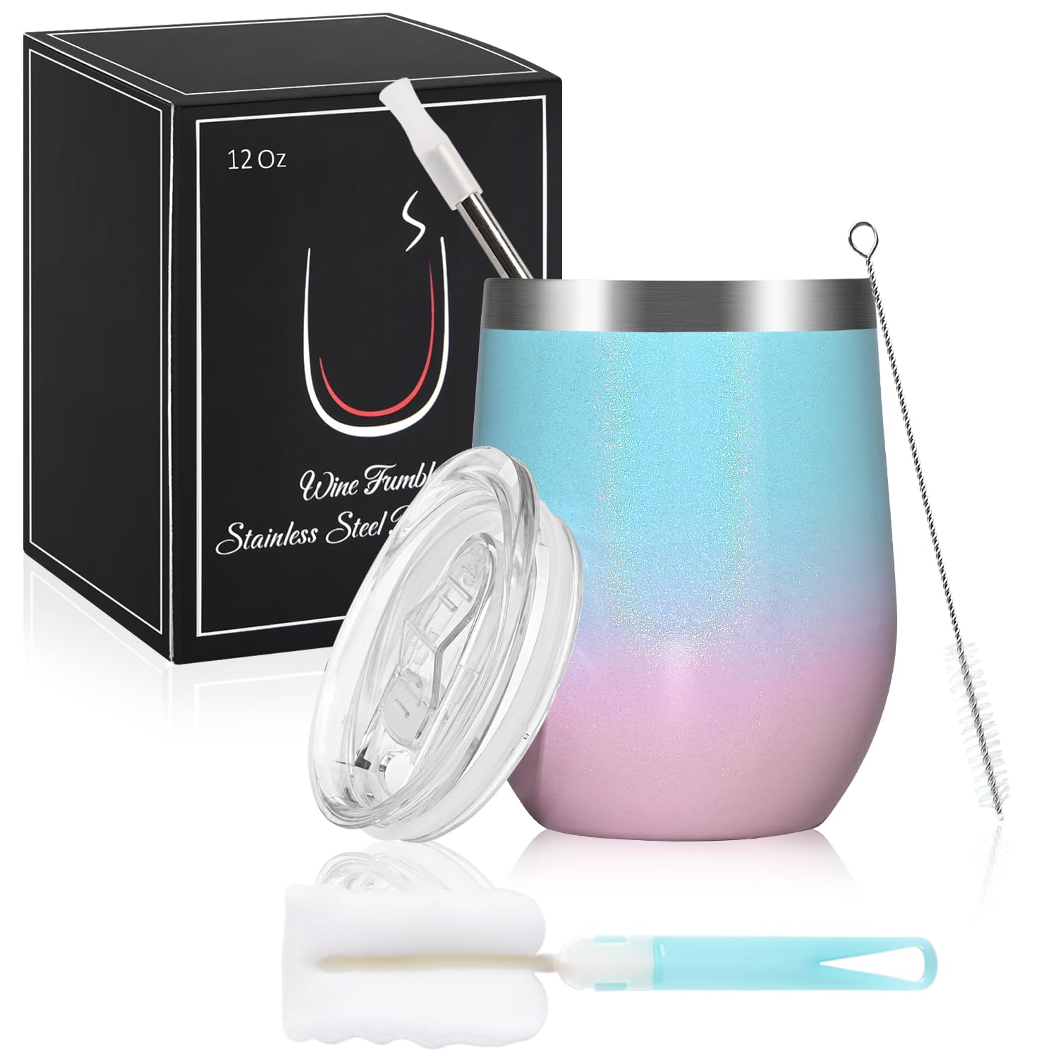 Joymaking 12oz Insulated Stainless Steel Wine Tumbler with Lid and Straw, Double Walled Wine Glass Tumbler Gift for Women, Great for Hot & Cold Drinks Wine Champagne Coffee Ice Cream, Light Blue Pink