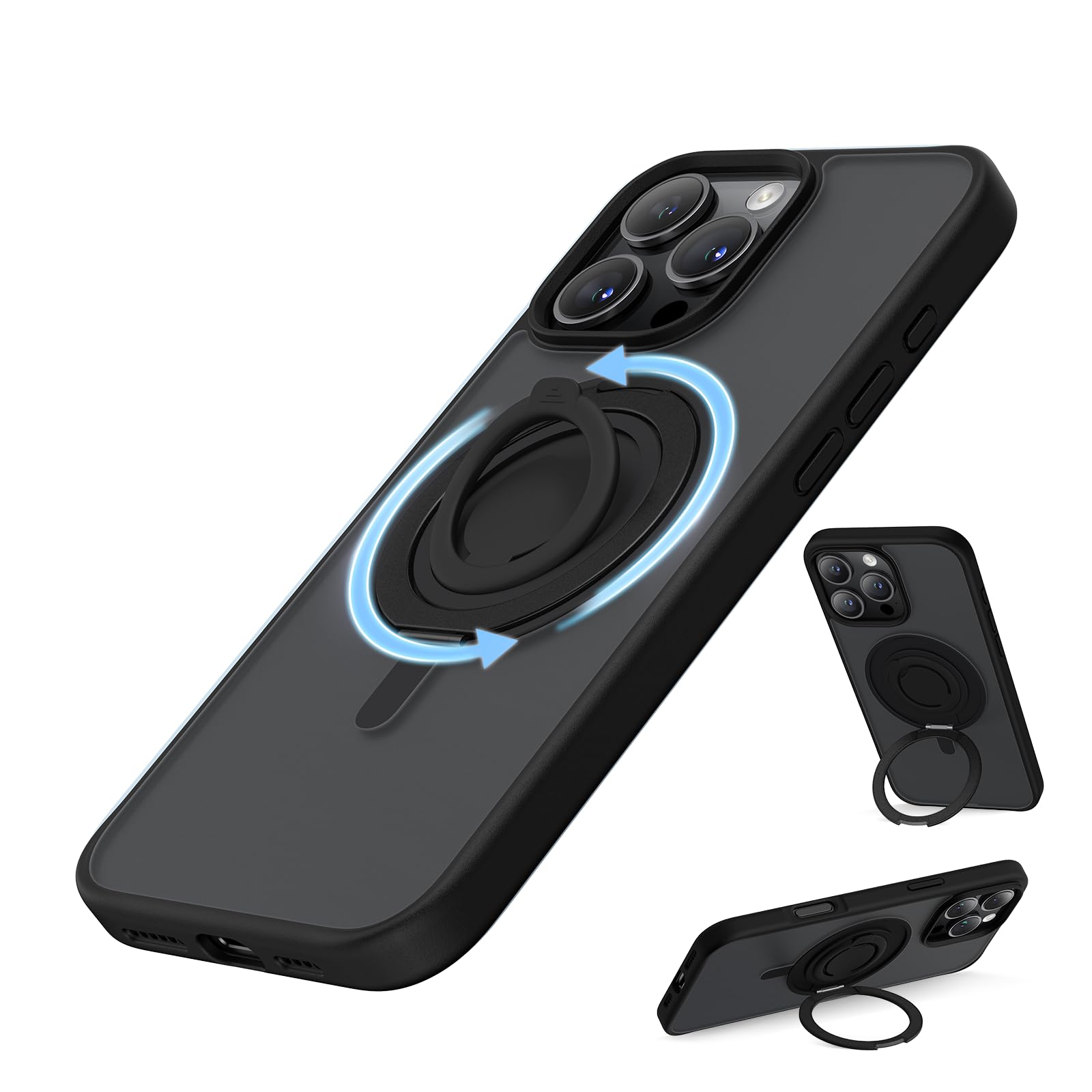 SURPHY Design for iPhone 16 Pro Max Case, with 360° Rotatable Magnetic Stand & Finger Ring, Frosted Phone Case for iPhone 16 Pro Max 6.9 inch 2024, Frosted Black