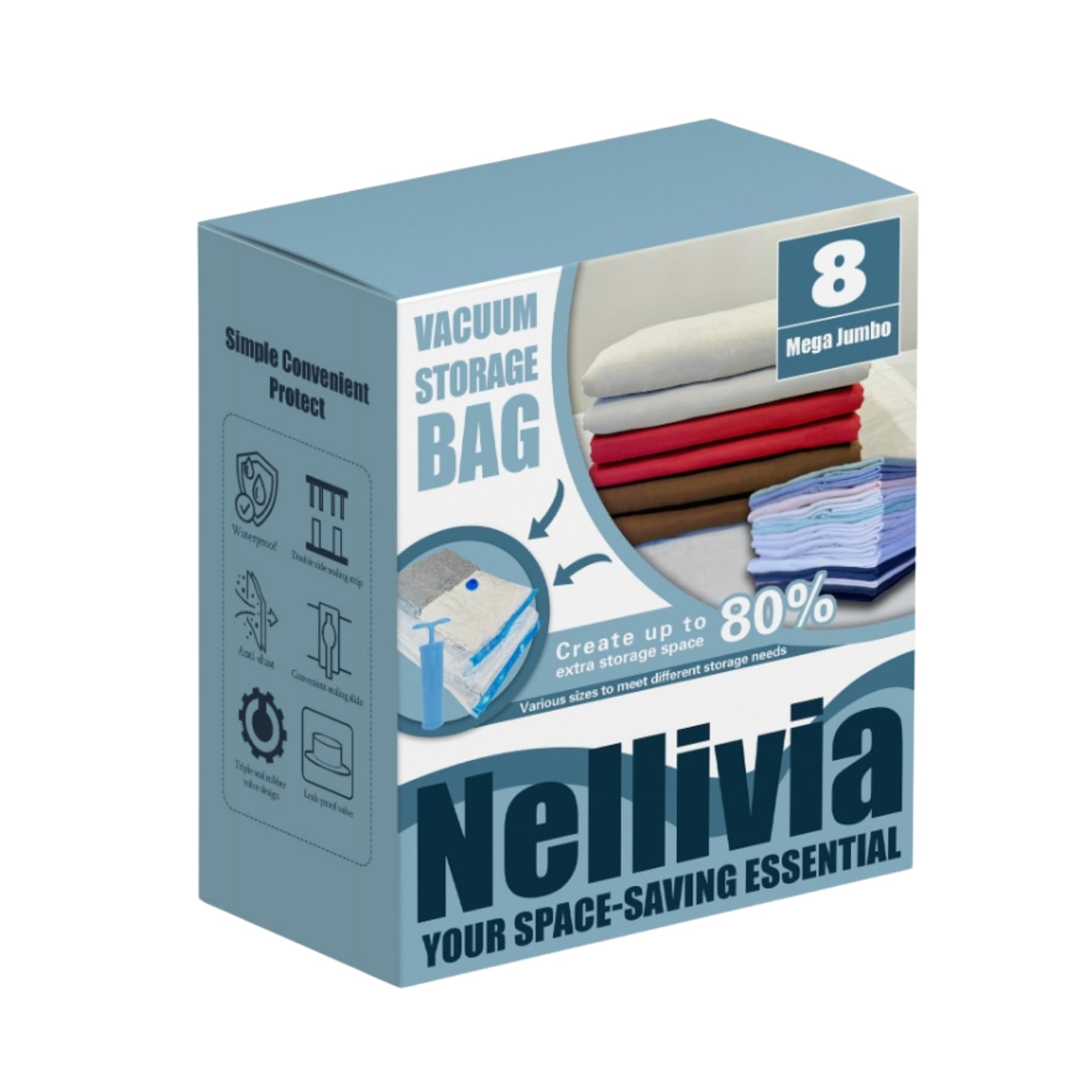 Photo 1 of Nellivia 8 Mega Jumbo XXL Vacuum Storage Bags with Pump, Supersized Compression Space Saver for Comforter, duvet, Bedding, Blanket storage, Vacuum Seal Bags for Clothing, Durable Safe Poly Material
