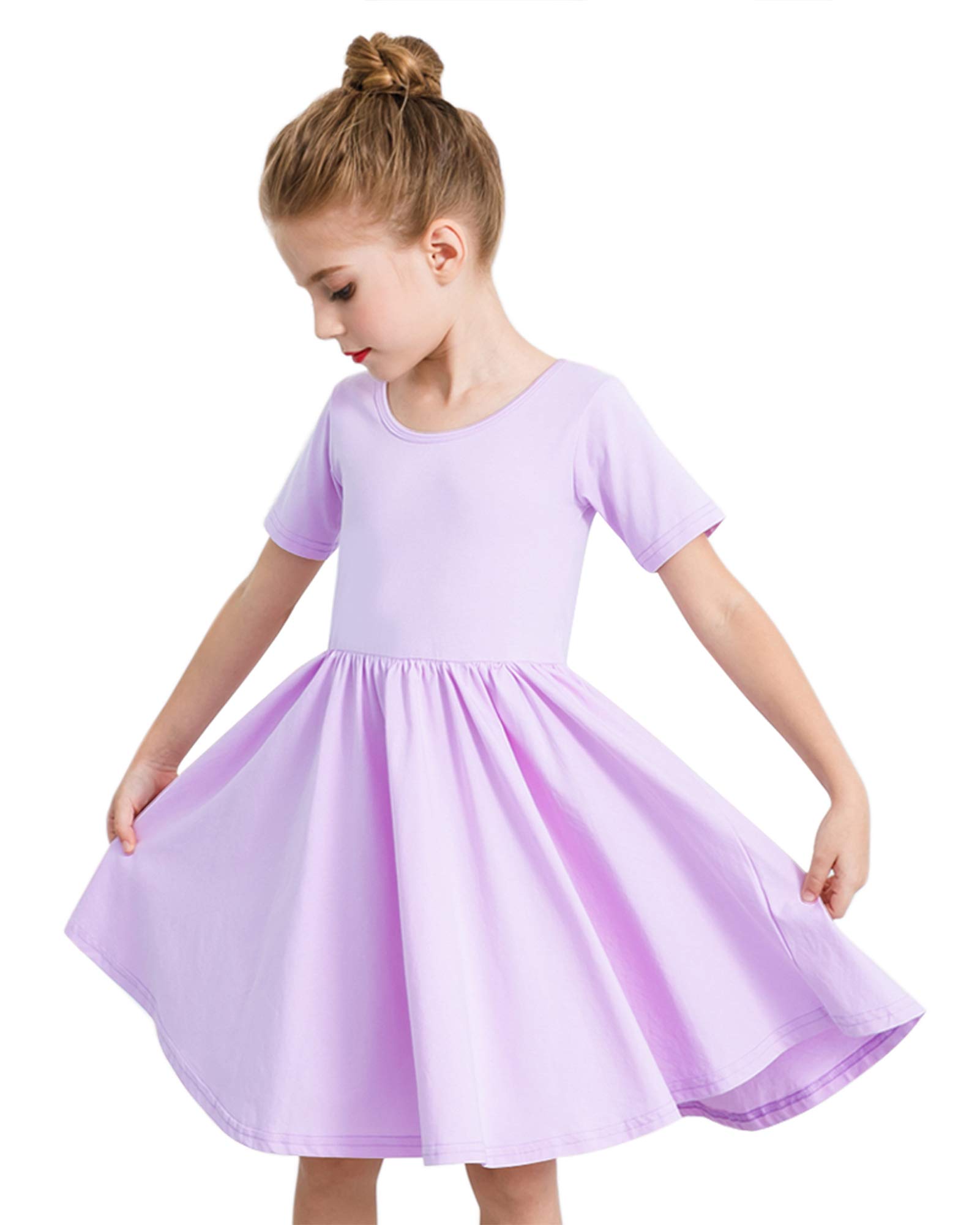 Stelle Girls Short Sleeve Dress Summer Kids Toddler Skater Twirl A Line Solid Color T-Shirt Dress for School Casual 3-12 Y