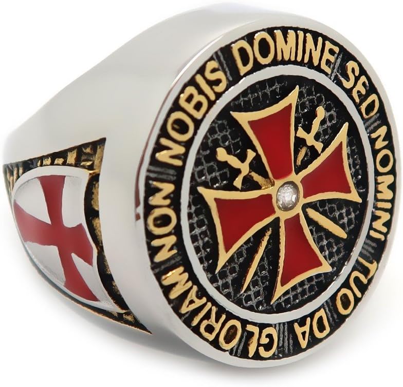 BOBIJOO JEWELRYChevalière Bague Anneau Homme Chevalier Templier Argent Or Plaqué Acier 316L Croix Rouge Email Diamant Trésor