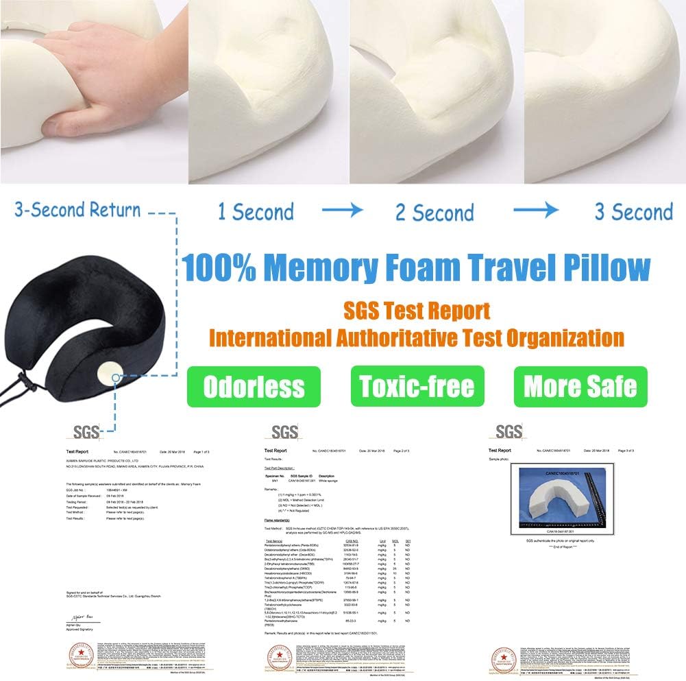 SAIREIDER Travel Neck Pillow for Airplane Sleeping 100% Memory Foam Adjustable Travel Pillows with Storage Bag, Sleep Mask and Earplugs-Prevent The Heads from Falling Forward-Black: Home & Kitchen