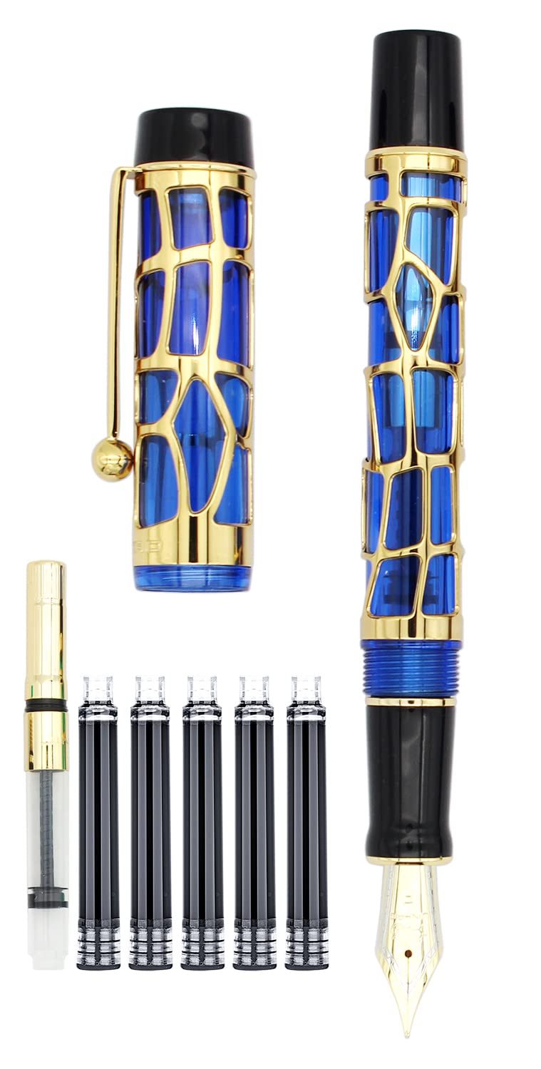 Gullor Century 100 Fountain Pen, Skeleton Hollow-out Series Golden, Screw-Cap, Fine Nib, Transparent Blue