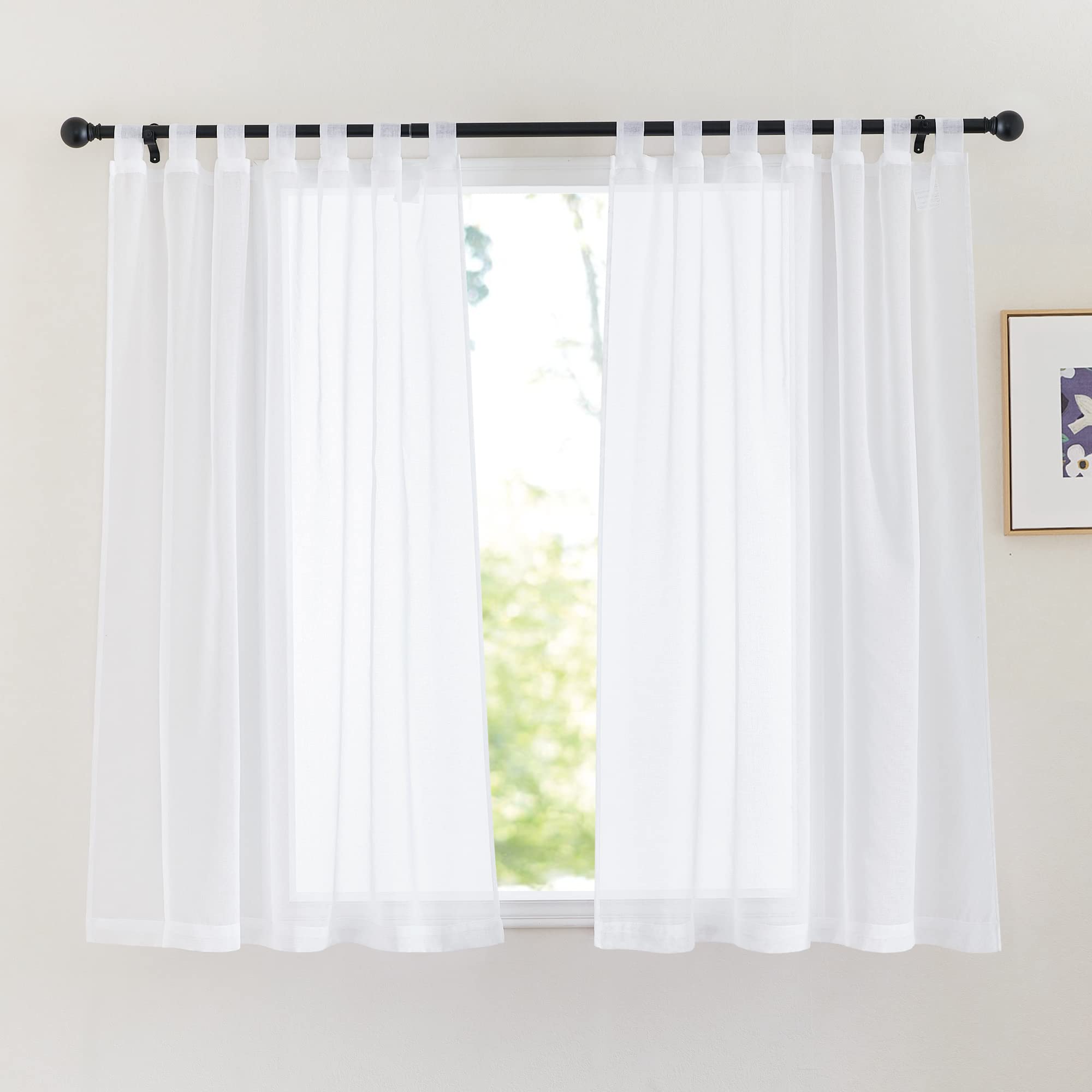 PONY DANCE Modern Short Curtains for Living Room, Set of 2, H 145 x W 10 cm, White Transparent Voile Curtains with Loops, Linen Look, Semi-Transparent