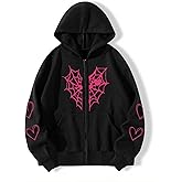 Y2K Gothic Spider Web Heart-shaped Print Hoodied Pullover Punk Zip Up Jacket Coat Harajuku Loose Oversized Streetwear