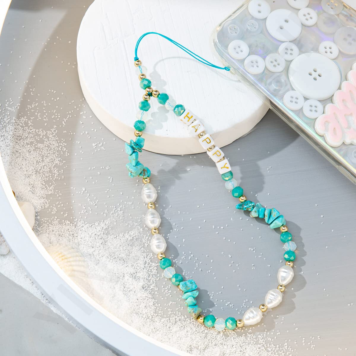 Universal phone chain, phone straps, mobile phone chain, colourful pearl gravel letter beads, phone lanyard, wrist strap, beads chain, mobile phone pendant, bag pendant, keyring, blue