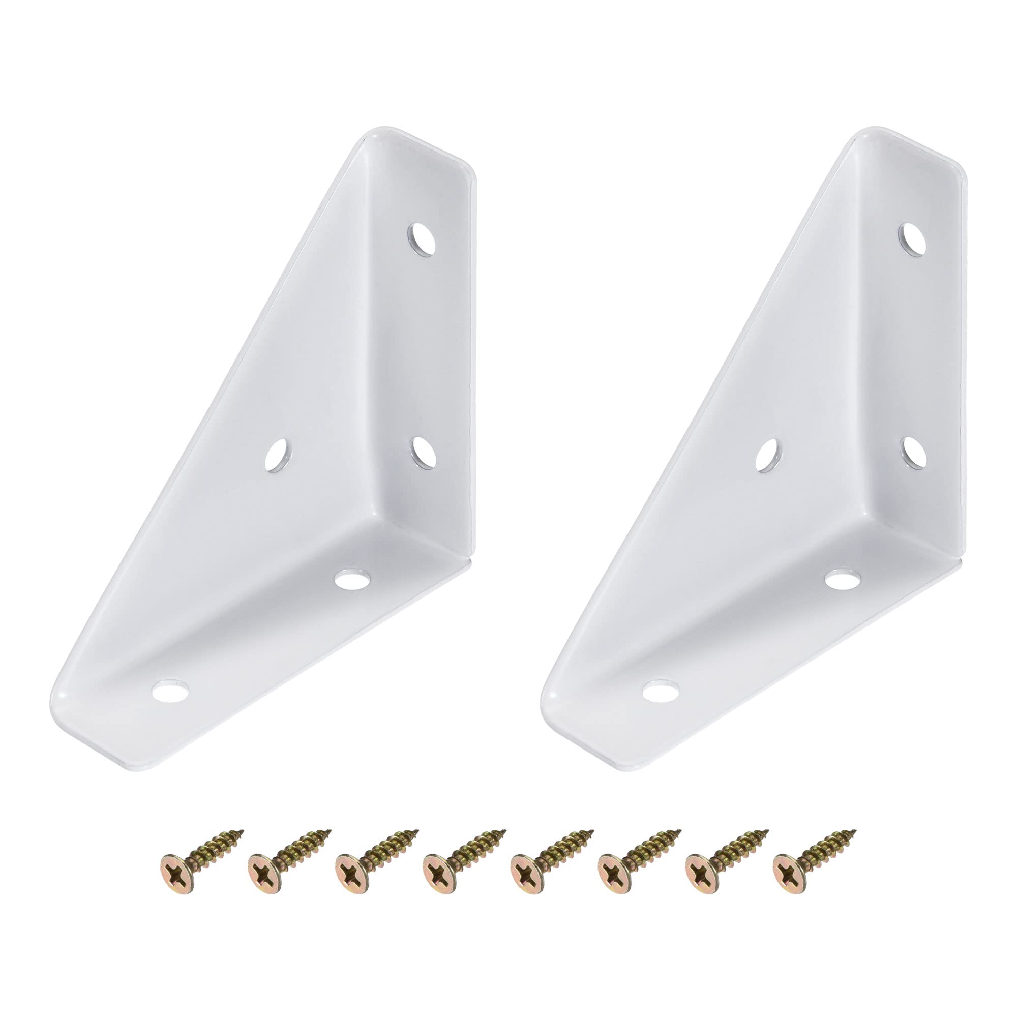 sourcing map 2Pcs Angle Corner Brackets 66mm x 66mm, Cold Rolled Steel Braces Joining Support with Screws for Desk Bed Edge (White)