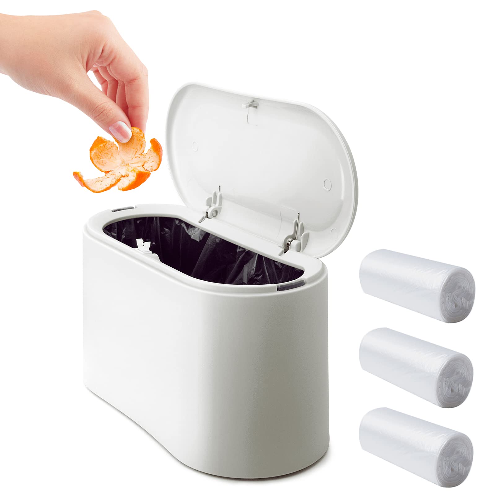 Photo 1 of Business King Mini Desk Trash Can with Lid with 90 Pcs Trash Bag, Lint Bin 0.5 Gallon Countertop Waste Bin for Table Tiny Garbage Can for Office Bedroom (White)