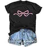 Weetiotio Womens Bow Coquette Shirt Clean Girl Aesthetic Graphic Tees Cute Pink Bow Shirts for Teens Trendy Oversized Tops