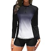 Women Long Sleeve Rash Guard - Two Piece Swimsuit with Shorts UPF 50+ Bathing Suit Built in Bra Surf Swim Shirt