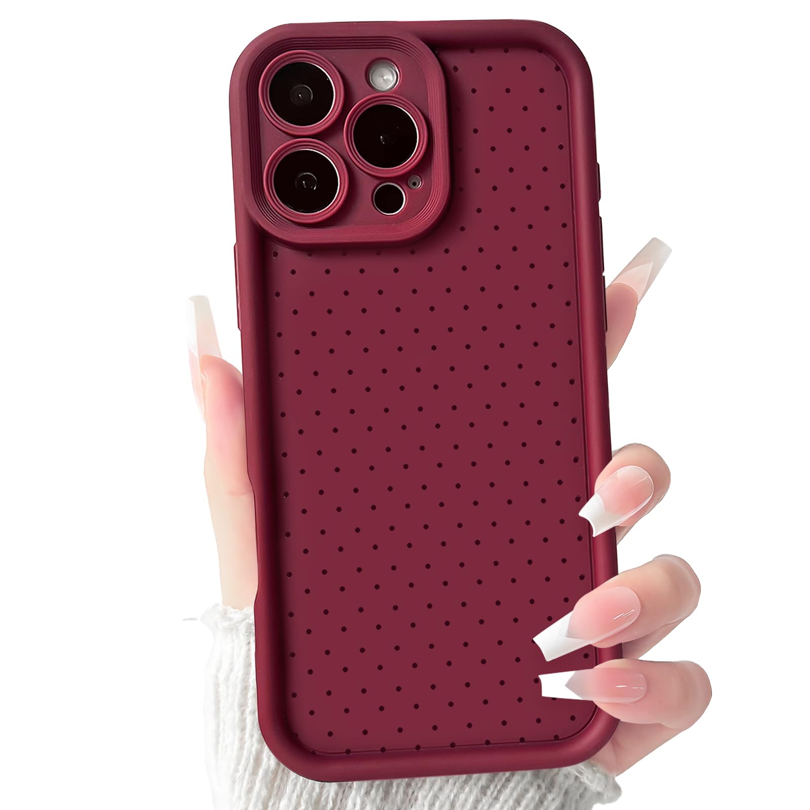 NITITOP Compatible with iPhone 16 Pro Case Vintage Cute Little Polka Dots Pattern for Women Men Girls Boys Full Camera Lens Slim Shockproof Protective Phone Cover - Wine Red