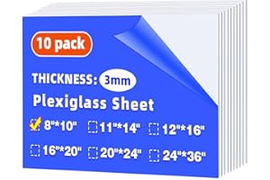 KERTLOU (10 Pack) 8" x 10" Plexiglass Sheets 1/8 inch Thick (3mm), Clear Acrylic Sheets Panel Cut to Size Plexiglass Acrylic Board, Cut with Engraver, Power Saw or Hand Tools, No Laser Cut.