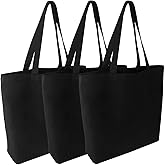 Segarty Blank Canvas Tote Bags, 3 Pack 16.5x13.4in 12oz Natural Reusable Grocery Shopping Bags Bulk, Plain Bag to Decorate Crafts DIY, Large Black Sturdy Canvas Tote Bag for Women Beach Travel