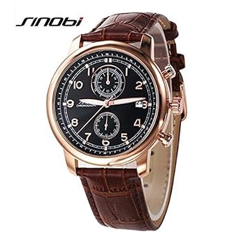SINOBI Mens Chronograph Wrist Watches with Rose Gold Date Analog and Brown Leather Strap Mitiunctional