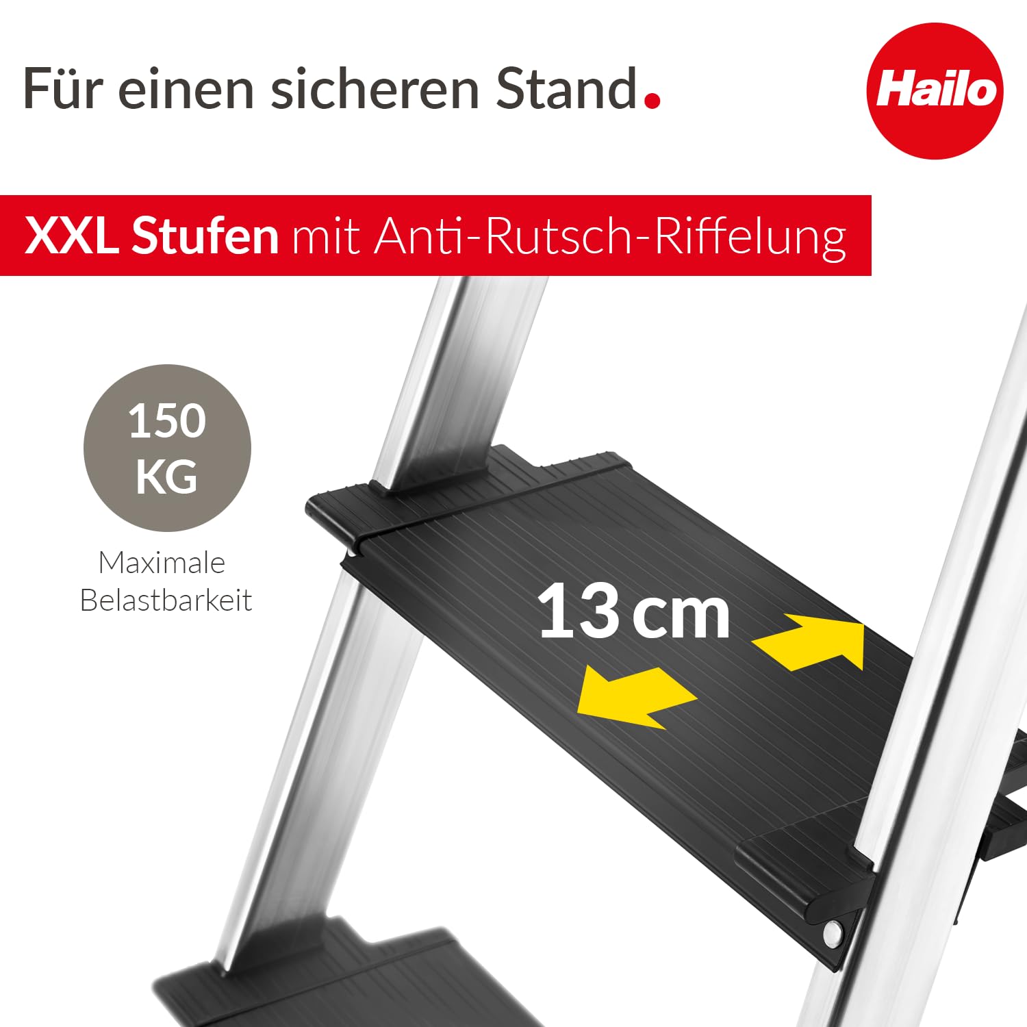 Hailo L100 Topline Alu-Sicherheits-Stehleiter - 8 XXL-Stufen bis 150 kg - Stehleiter mit ausziehbarem Haltebügel, Plattformverriegelung - viel Zubehör - klappbare Aluleiter Made in Germany - schwarz 2