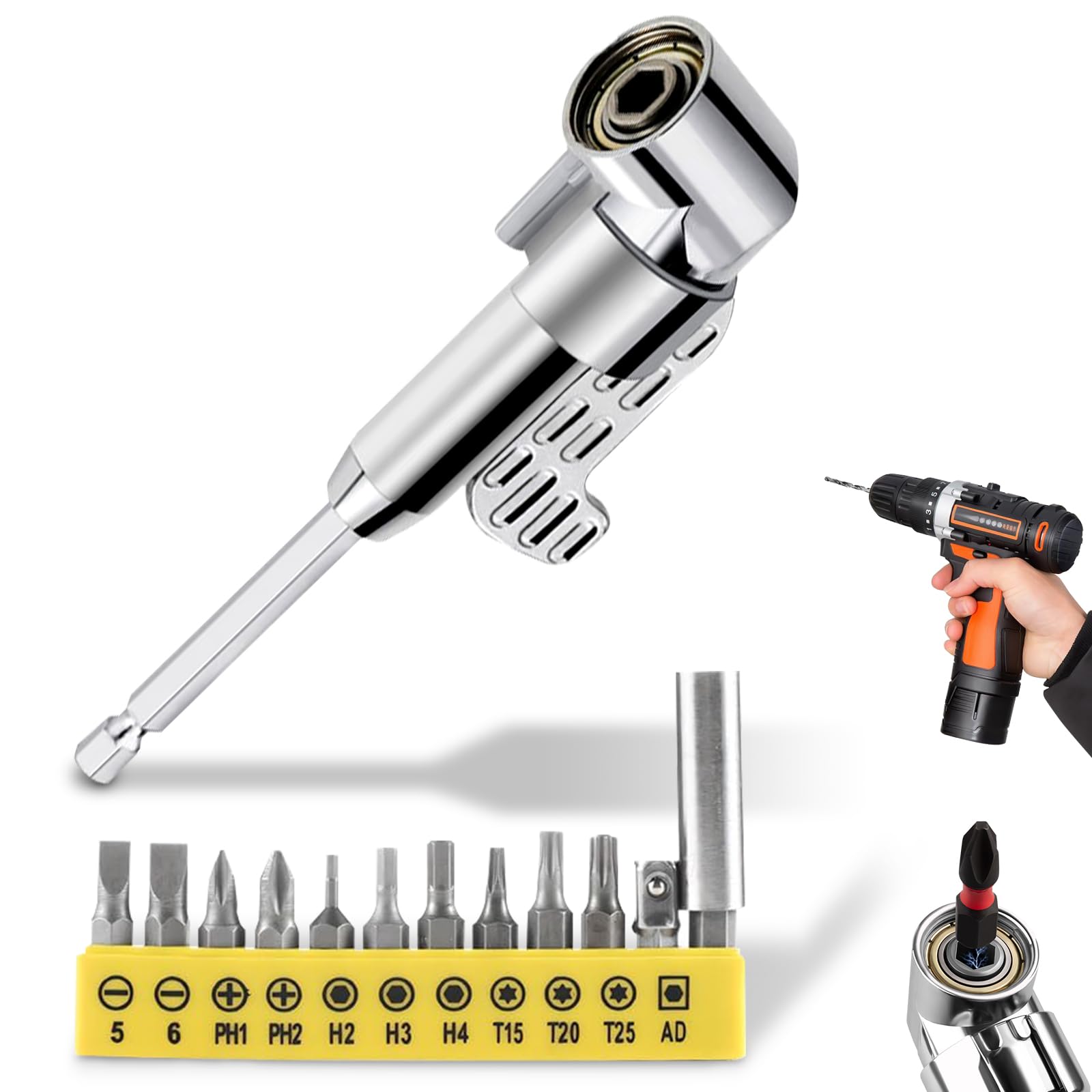 Photo 1 of 105 Degree Right Angle Drill Adapter, 90 Degree Drill Attachment, with Multi-function Bend Screwdriver Bit, Electric Screwdriver Universal Screwdriver Accessories (Long)