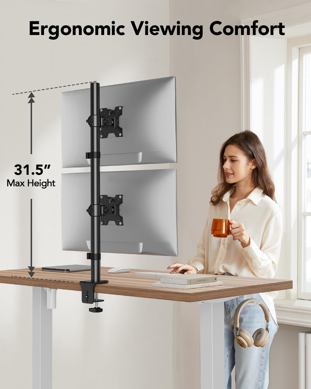 HUANUO Vertical Dual Monitor Mount, Stacked Monitor Stand for 2 Monitors with Height Adjustment Computer Monitor Arm Supports Two 17 to 32 Inch with C Clamp Each Desk Mount Hold up to 17.6lbs