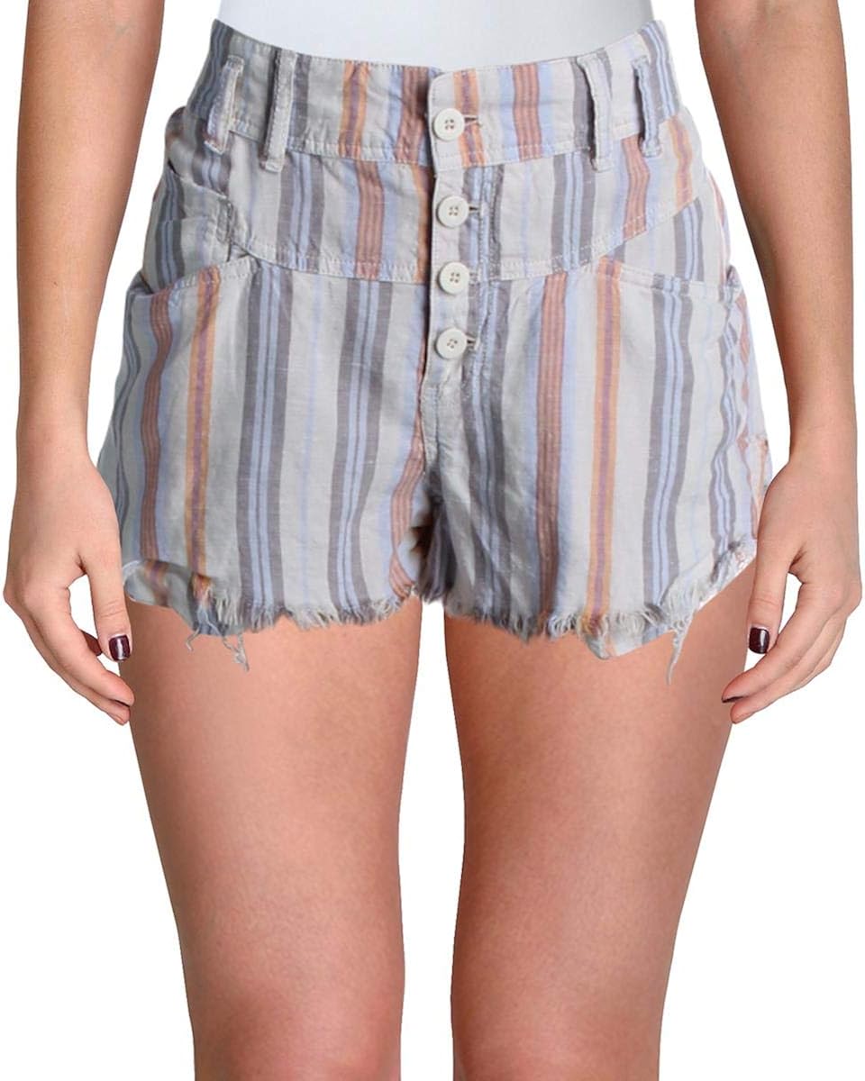 Free People Womens Morning Rain Linen Striped HighWaist Shorts White 12 at Amazon Women’s