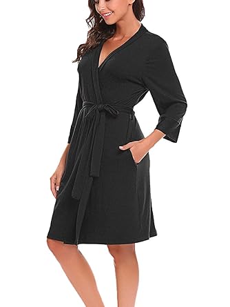 Lalala Damen Morgenmantel 3/4 Ärmel Bademantel Nachtwäsche Kimono Baumwolle Saunamantel Robe Negligee Mit V-Ausschnitt