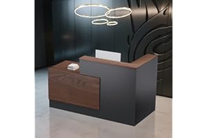 YORKGARGEN L-Shaped Large Wooden Reception Desk, Modern Front Desk Reception Counter with Lockable Drawers & Storage & Keyboard Tray, for Checkout, Lobby (Right-Walnut/Gray, 71''L x 42''W x 41''H)